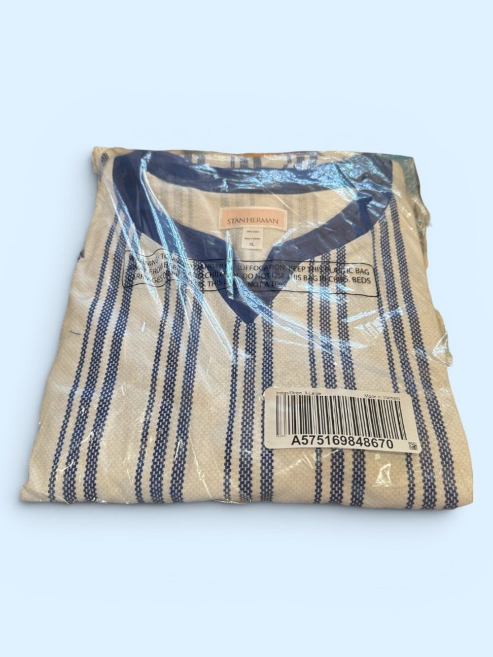 Stan Herman "The Hamptons" Regular V-Neck Caftan (Indigo Blue Stripe) - NEW